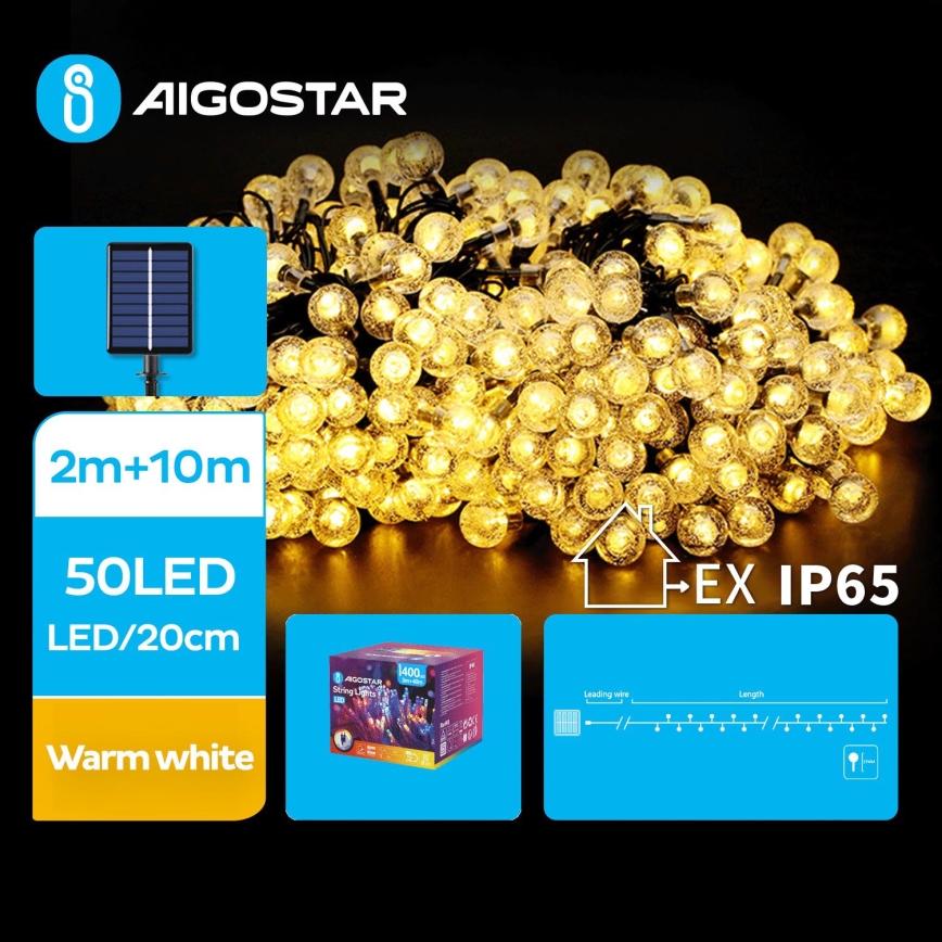 Aigostar - Dekorative LED-Solarlichterkette 50xLED/8 Funktionen 12m IP65 warmweiβ