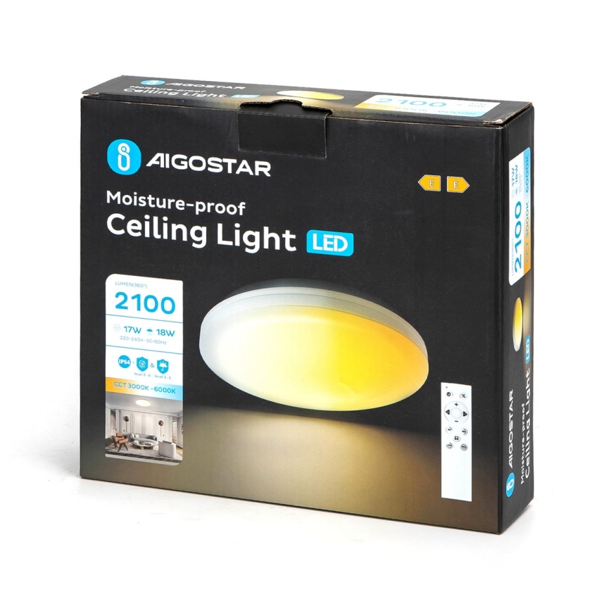 Aigostar - Dimmbare LED-Deckenleuchte für Badezimmer LED/18W/230V 3000-6000K IP54 + Fernbedienung