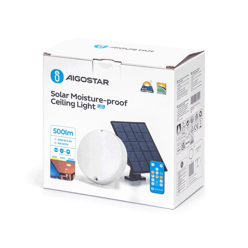 Aigostar - Dimmbare LED-Solar-Deckenleuchte LED/3,2V 3000K/4000K/6500K IP65 + Fernbedienung