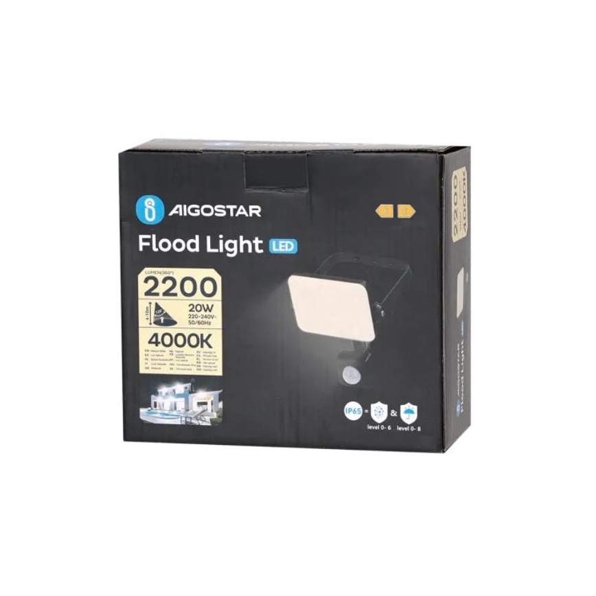 Aigostar - LED-Strahler mit Sensor LED/20W/230V 4000K IP65 schwarz