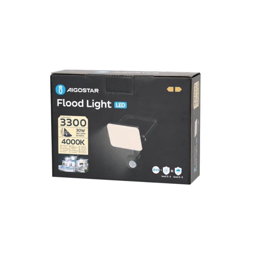 Aigostar - LED-Strahler mit Sensor LED/30W/230V 4000K IP65 schwarz