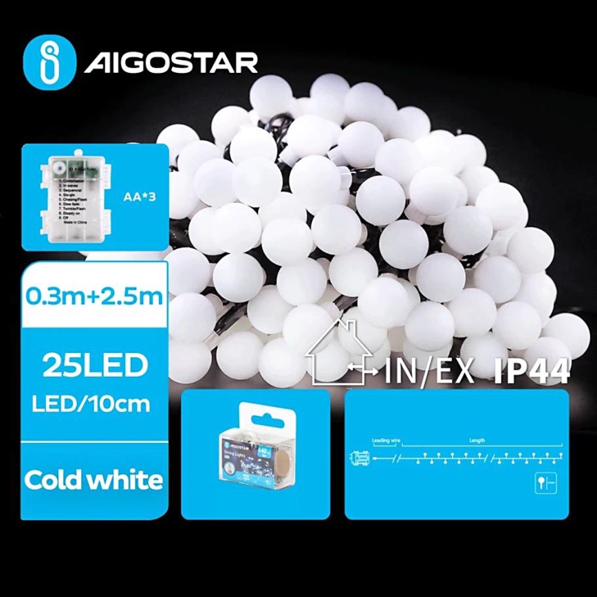 Aigostar - LED-Weihnachtslichterkette für den Außenbereich 25xLED/3xAA/8 Funktionen 2,8 m IP44 kaltweiß