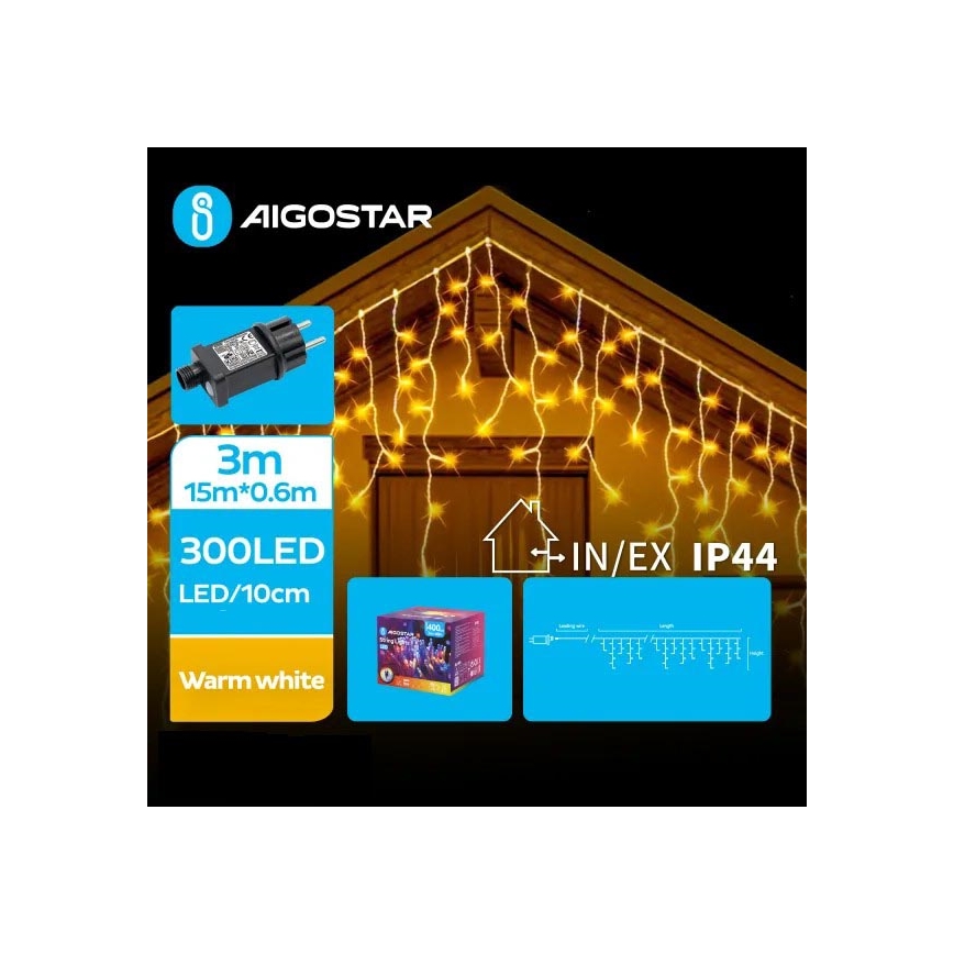 Aigostar - LED-Weihnachtslichterkette für den Außenbereich 300xLED/8 Funktionen 18x0,6m IP44 warmweiβ