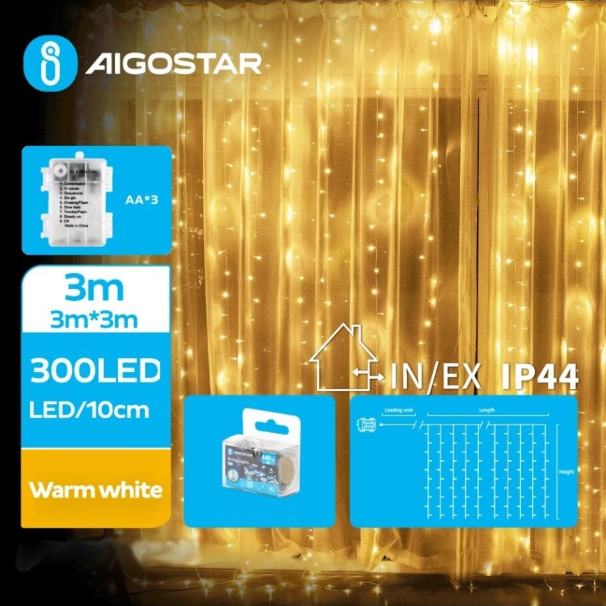 Aigostar - LED-Weihnachtslichterkette für den Außenbereich 300xLED/8 Funktionen 3xAA 6x2m IP44 warmweiβ