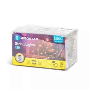 Aigostar - LED-Weihnachtslichterkette für den Außenbereich 300xLED/8 Funktionen 3xAA 6x2m IP44 warmweiβ