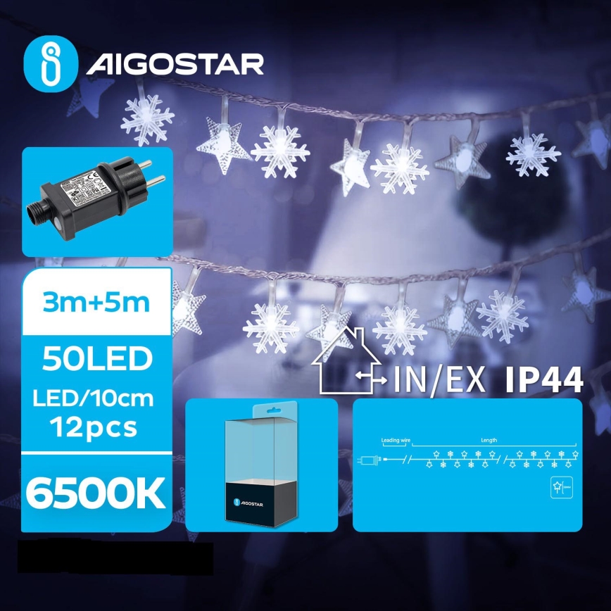 Aigostar - LED-Weihnachtslichterkette für den Außenbereich 50xLED/8 Funktionen 8m IP44 kaltweiß