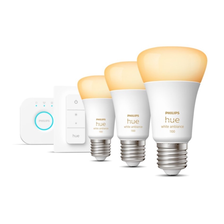 Basis-Set Philips Hue White Ambiance 3xE27/8W 2200-6500K + Verbindungsgerät und Fernbedienung