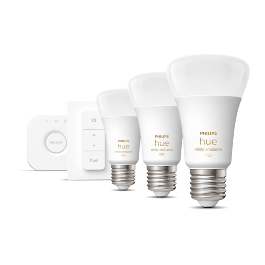 Basis-Set Philips Hue White Ambiance 3xE27/8W 2200-6500K + Verbindungsgerät und Fernbedienung