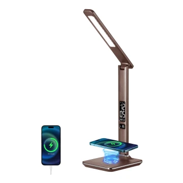 Dimmbare LED-Tischleuchte mit kabelloser QI- und USB-Ladung KINGFISHER LED/8,5W/230V braun