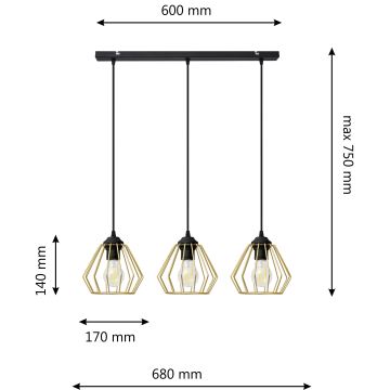 Hängeleuchte an Schnur AGAT 3xE27/60W/230V golden/schwarz