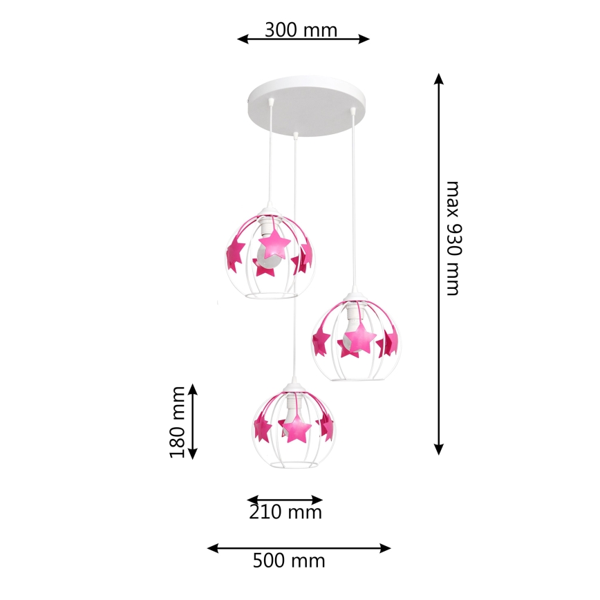 Kinder-Pendelleuchte an Schnur STARS 3xE27/15W/230V rosa/weiß