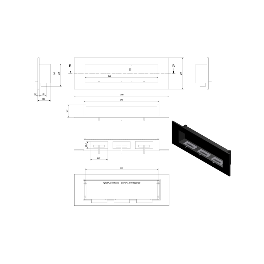 Kratki - BIO-Einbaukamin 40x120 cm 3x1,1kW schwarz
