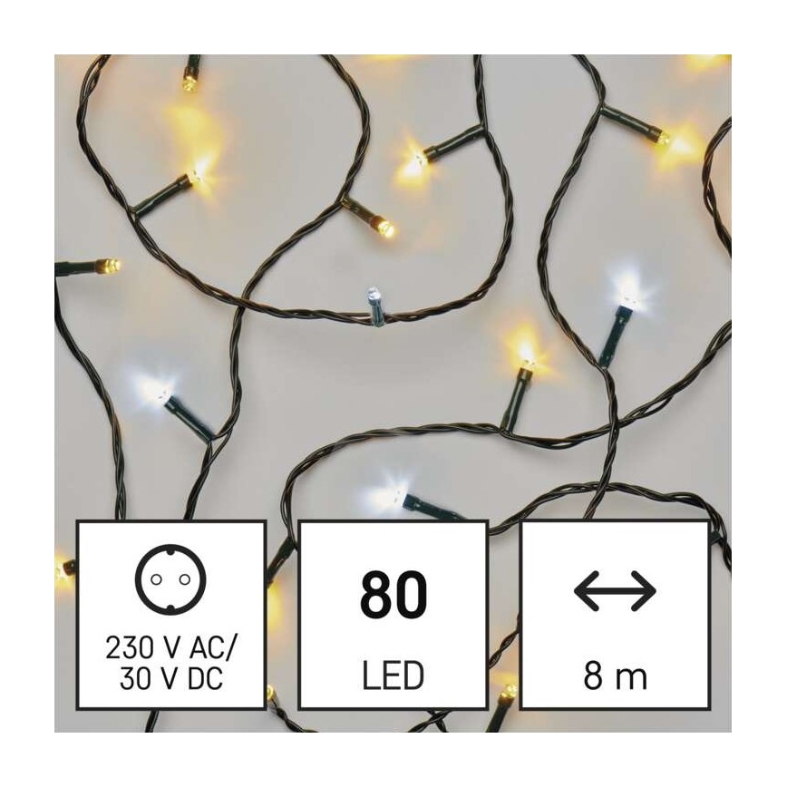 LED-Weihnachtskette für den Außenbereich 80xLED/2 Funktionen 13m IP44 warm/kalt weiß