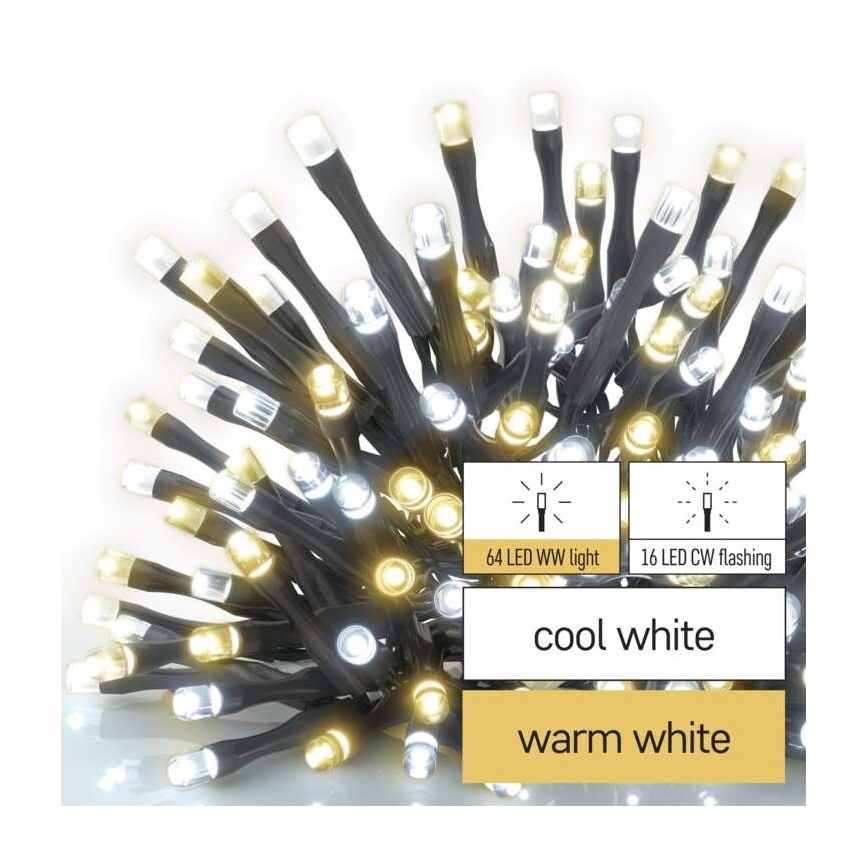 LED-Weihnachtskette für den Außenbereich 80xLED/2 Funktionen 13m IP44 warm/kalt weiß