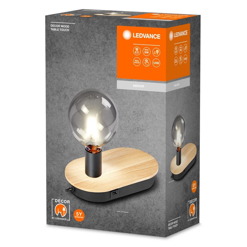 Ledvance - Tischleuchte mit Touch-Funktion und USB-Anschluss DECOR WOOD 1xE27/8W/230V