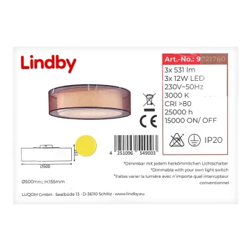 Lindby - Dimmbare LED-Deckenleuchte AMON 3xLED/12W/230V