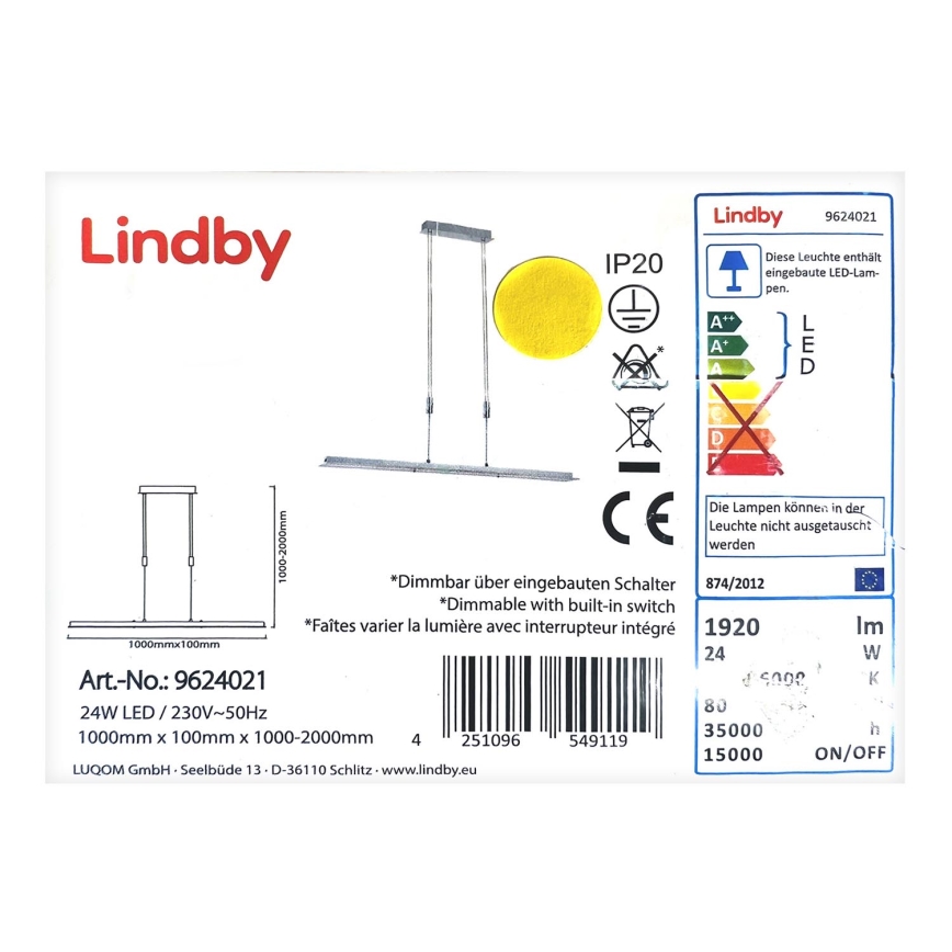 Lindby - Dimmbare LED-Hängeleuchte an Schnur SLADJA LED/24W/230V