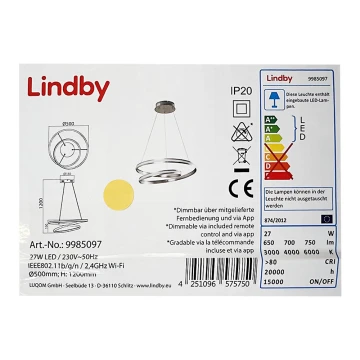 Lindby - Dimmbare LED-Hängeleuchte an Schnur SMART VERIO LED/27W/230V 3000/4000/6000K + Fernbedienung