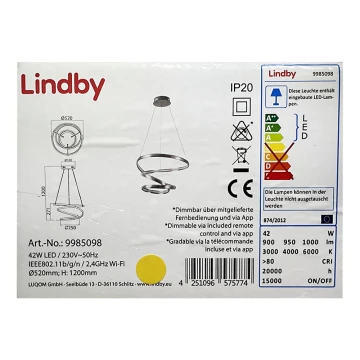 Lindby - Dimmbare LED-Hängeleuchte an Schnur VERIO LED/230V + Fernbedienung