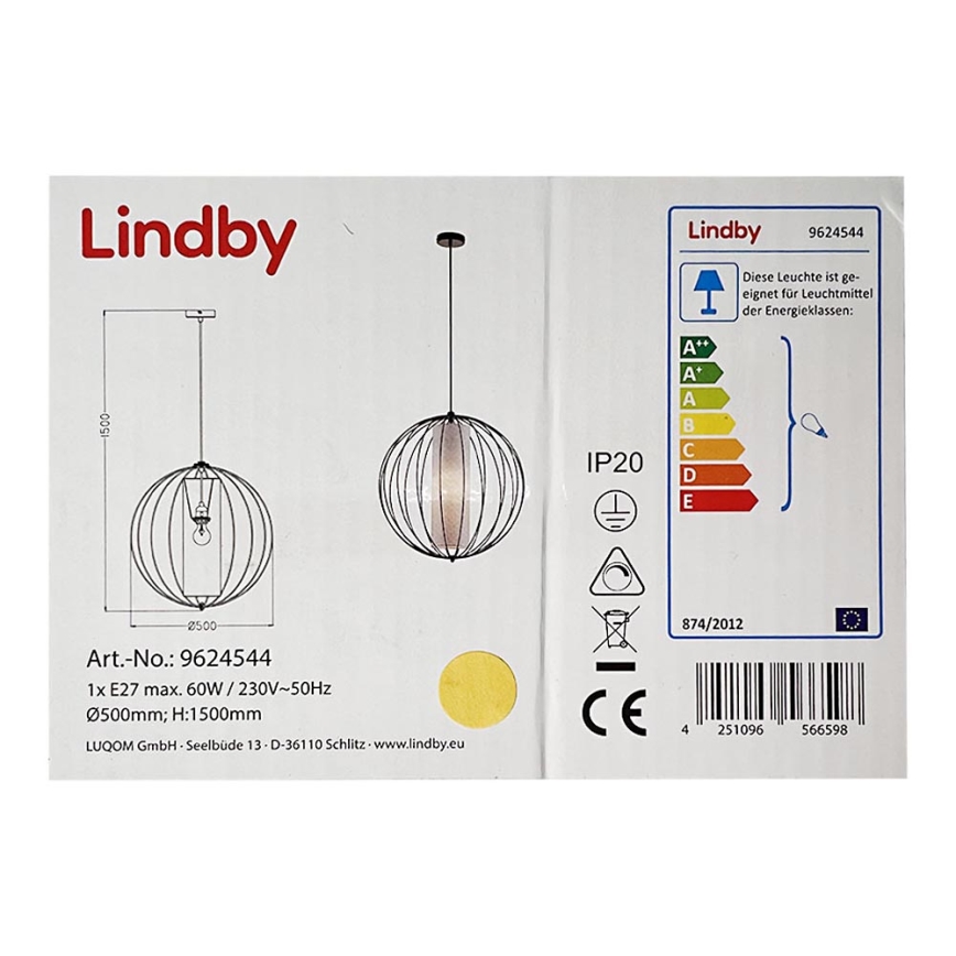 Lindby - Hängeleuchte an Schnur KORIKO 1xE27/60W/230V