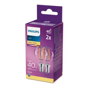 PACK 2x LED-Glühbirne Philips P45 E14/4,3W/230V 2700K