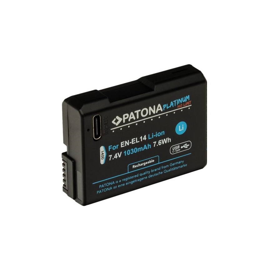 PATONA - Akku Nikon EN-EL14/EN-EL14A 1030mAh Li-Ion Platinum USB-C Aufladung