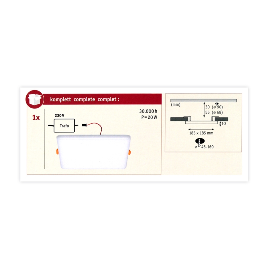 Paulmann 92398 - LED/17,5W IP44 Badezimmereinbauleuchte VARIFIT 230V