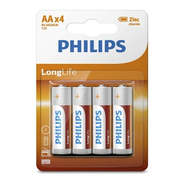 Philips R6L4B/10 - 4 Stück Zinkchlorid-Batterie AA LONGLIFE 1,5V 900mAh
