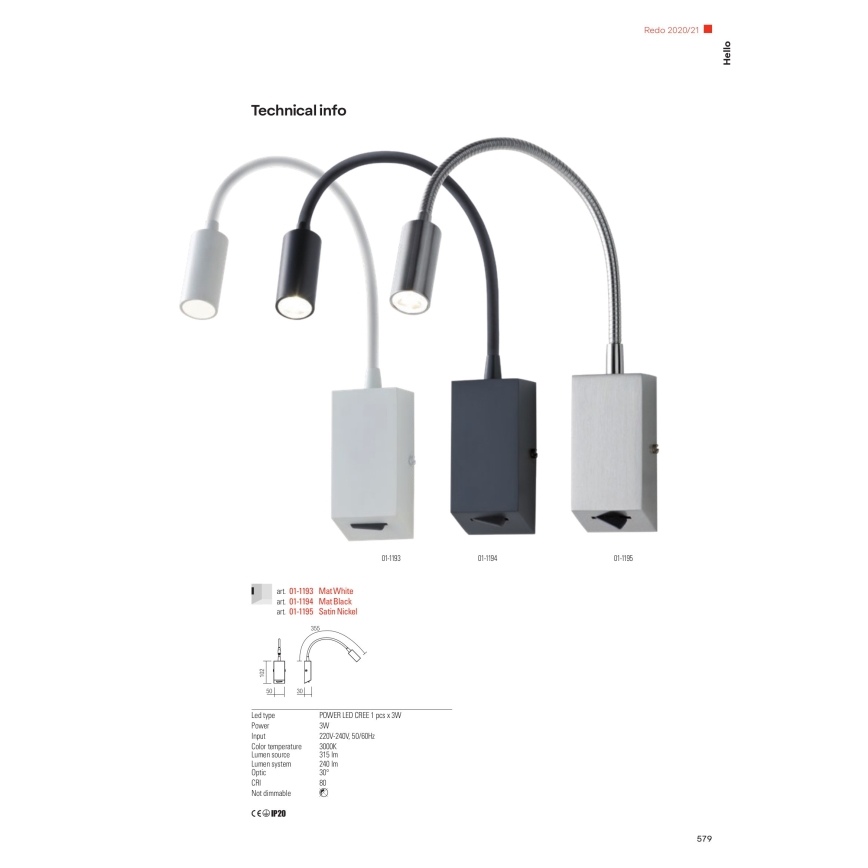 Redo 01-1193 - Flexible und kleine LED-Leuchte HELLO LED/3W/230V weiß