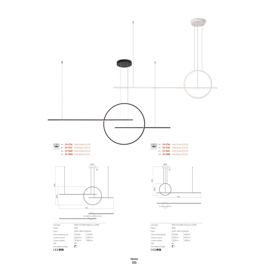 Redo 01-1734 - Dimmbare LED-Hängeleuchte an Schnur GIOTTO LED/46W/230V weiß