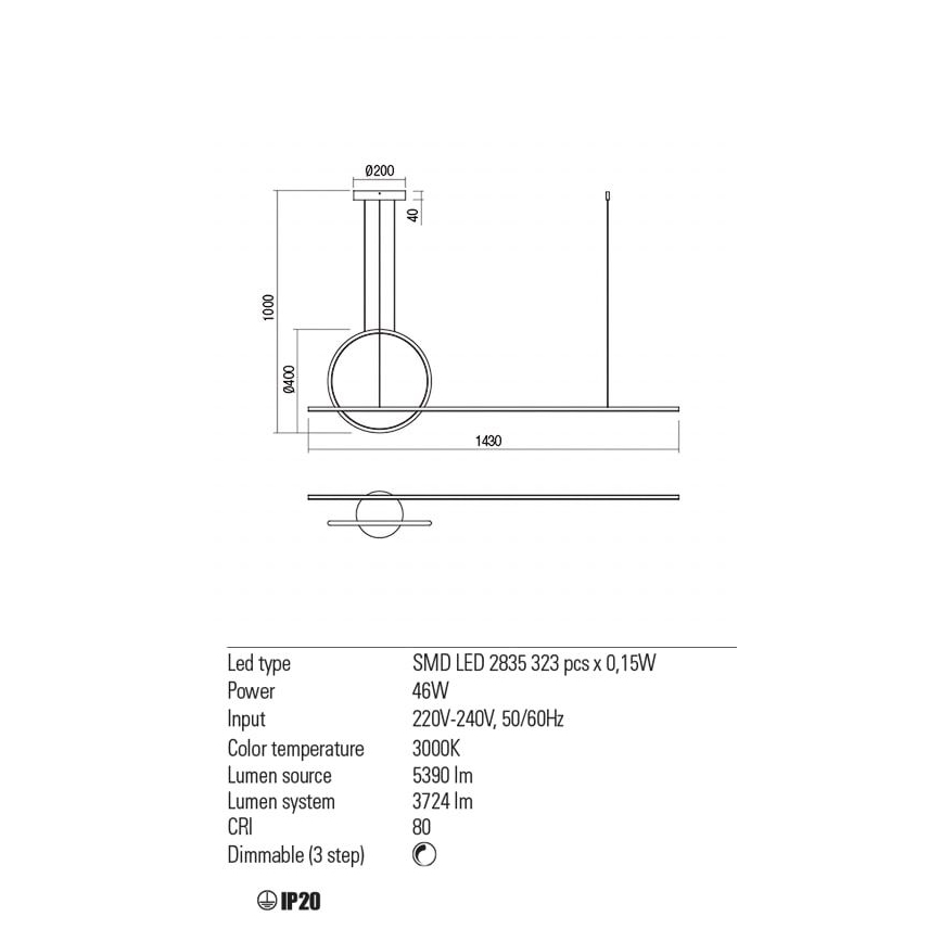 Redo 01-1734 - Dimmbare LED-Hängeleuchte an Schnur GIOTTO LED/46W/230V weiß