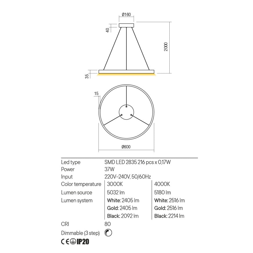 Redo 01-2865 - Dimmbare LED-Hängeleuchte an Schnur FEBE LED/37W/230V golden