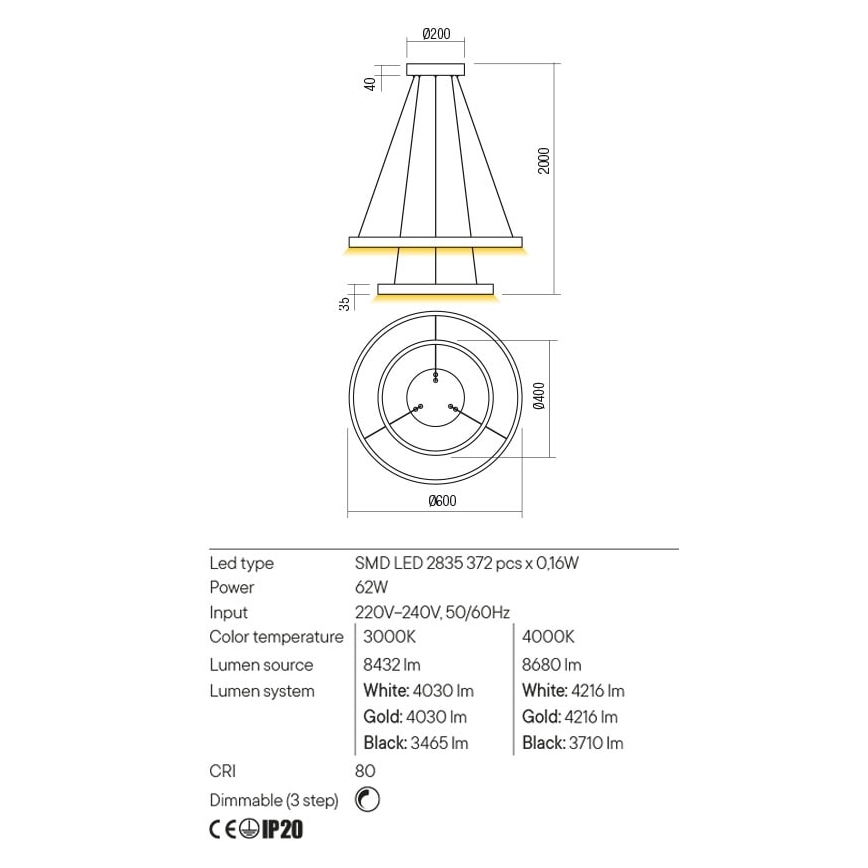 Redo 01-2891 - Dimmbare LED-Hängeleuchte an Schnur FEBE LED/62W/230V schwarz