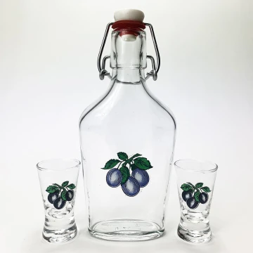 Set 1x Glasflasche und 2x Shot-Gläser klar mit Pflaumenmotiv