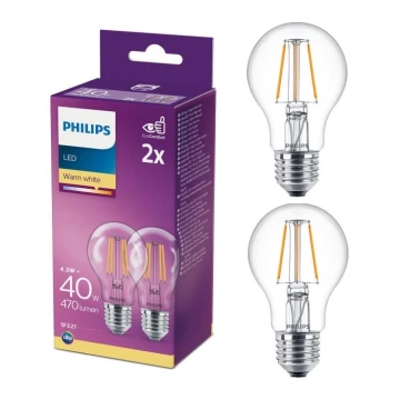 SET 2x LED-Glühbirnen VINTAGE Philips A60 E27/4,3W/230V 2700K