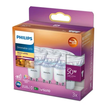 SET 3x LED dimmbare Glühbirne Philips Warm Glow GU10/3,8W/230V 2200-2700K CRI 90