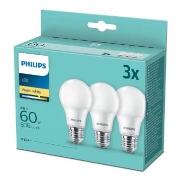 SET 3x LED Glühbirne Philips A60 E27/8W/230V 2700K