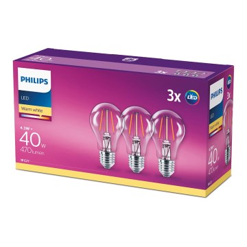 SET 3x LED Glühbirne VINTAGE Philips E27/4,3W/230V 2700K