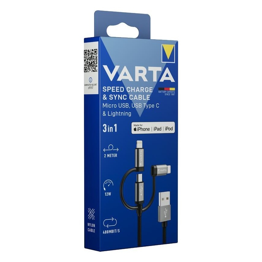 Varta 57937101111 - USB-Kabel 3in1 mit Verbindungsstück Lightning and Micro USB 2m